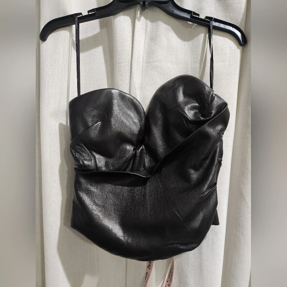 House of CB Saffira  Plunge Vegan Leather Corset Black Strapless Crop Top NWT - Picture 3 of 6